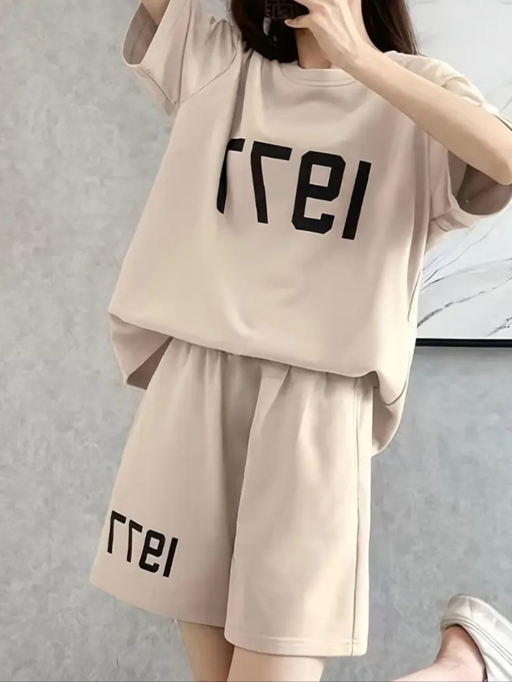 Beige Two-Piece Lounge Set with Black Graphic